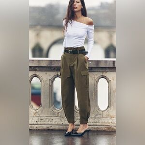Zara Women’s Army Green Paper Bag High Waist Cargo Trousers Medium